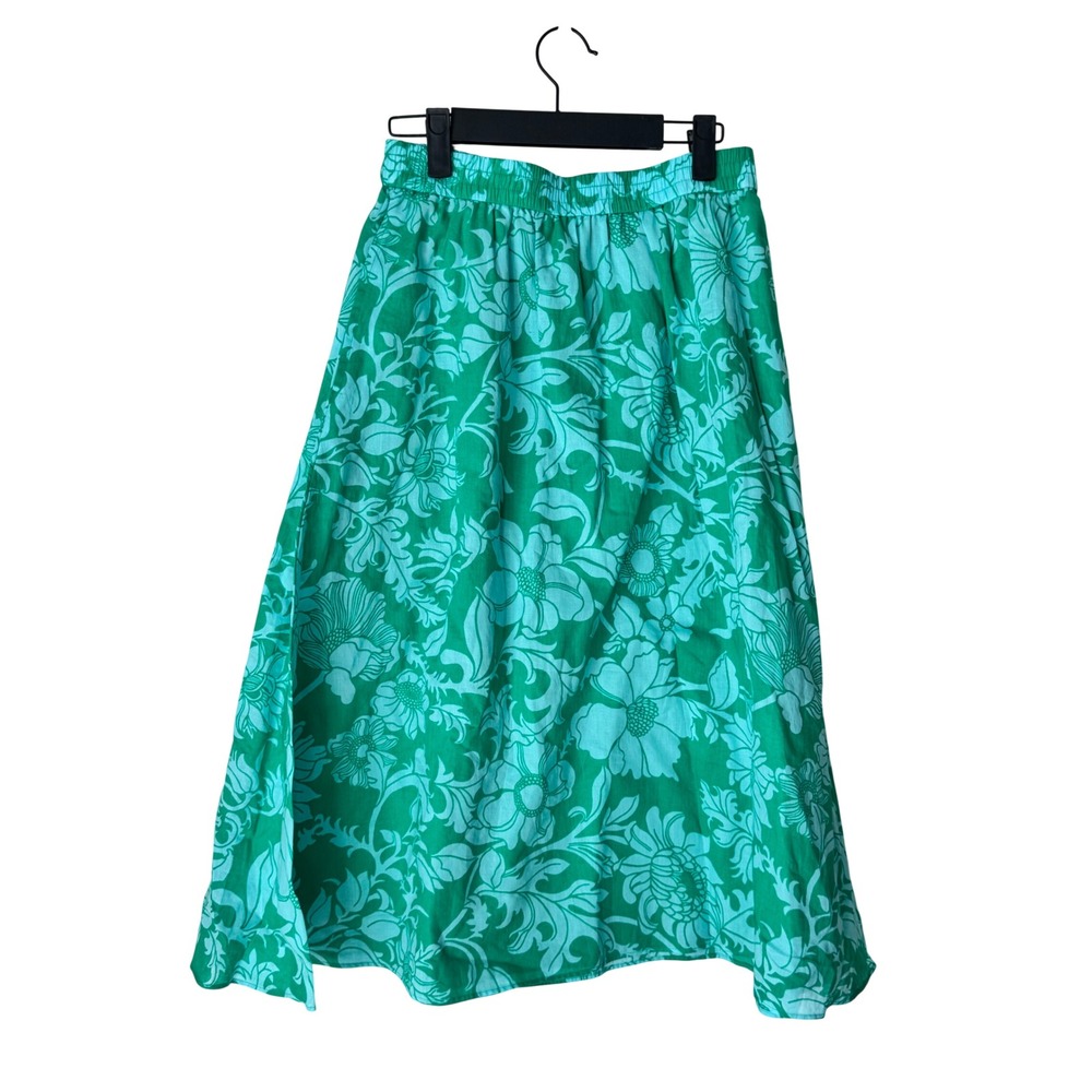 Talbots Green Turquoise Floral Cotton Midi Skirt Elastic Waist Pockets XS
